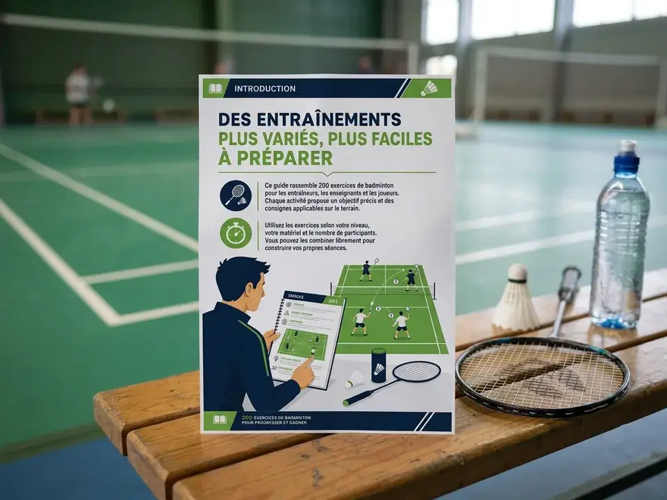 Page d'introduction du guide de badminton posée sur un banc avec raquette et volants