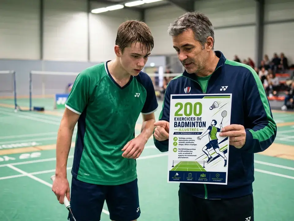 Un entraîneur montre la page de couverture imprimée à un jeune joueur de badminton