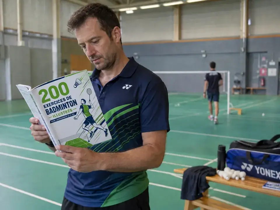 Entraîneur français consultant le guide de badminton imprimé au bord d'un terrain