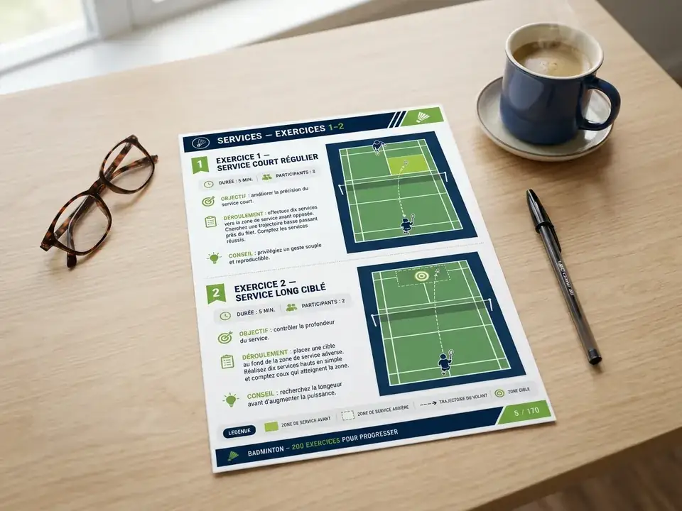 Page d'exercices de badminton imprimée au format A4 sur une table