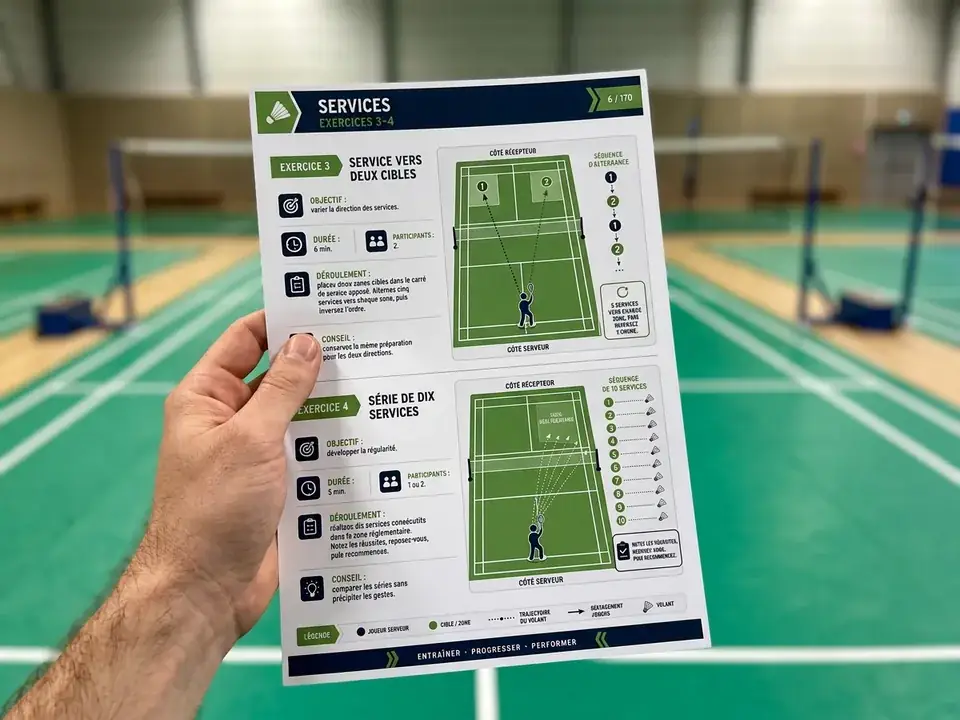 Une main tient une fiche A4 d'exercices de badminton dans un gymnase