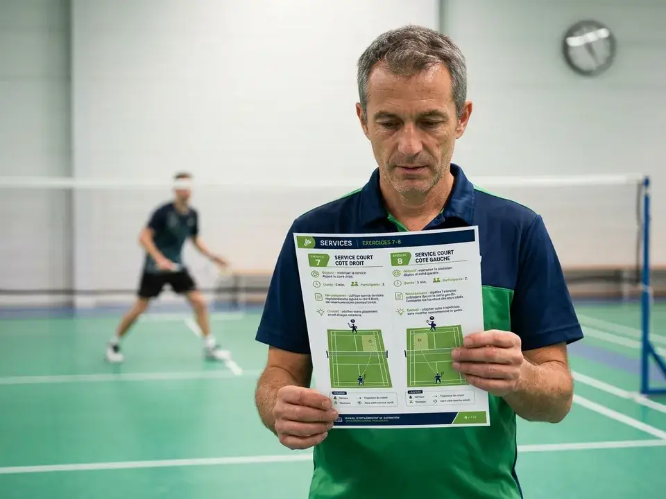 Un entraîneur français consulte une fiche imprimée au bord d'un terrain de badminton